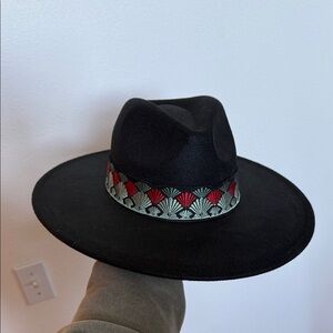 Black Wide-Brim Hat with Red and Green Pattern